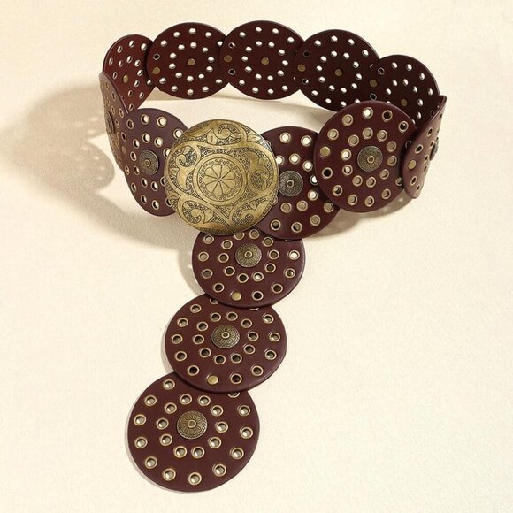 Leather Wide Disc Belt for Women Vintage Western Adjustable Waist Accessory